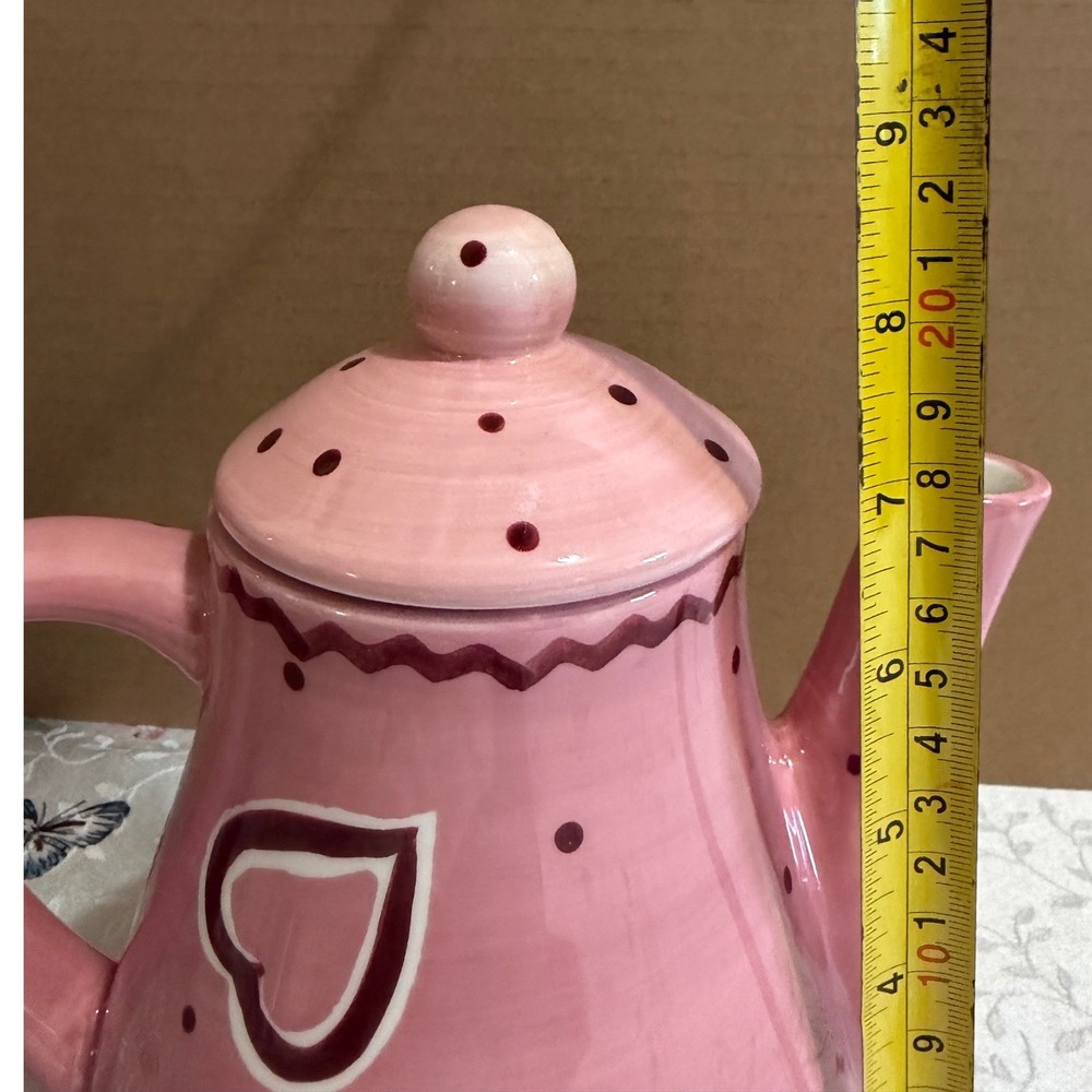 Laurie Gates Pink Heart Polka Dot Ceramic Teapot with Lid Hand Painted - Picture 4 of 7